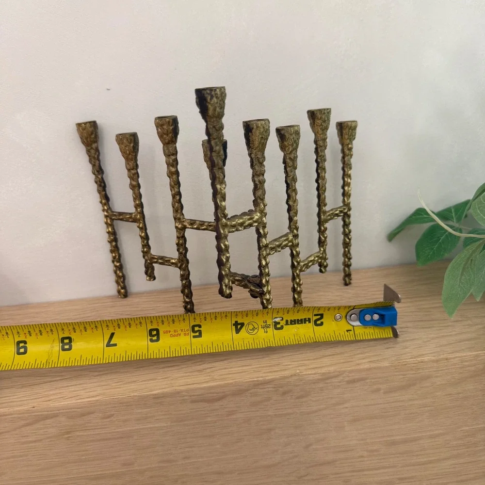 Vintage Brutalist Gold Metal Folding Menorah Candelabra Mid Century Modern 9 Arm